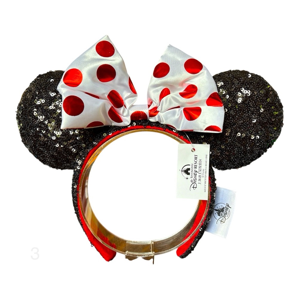 😎 Disney Parks Minnie Mouse Black Sequin Ears White Bow Red Metallic Polka Dot 3